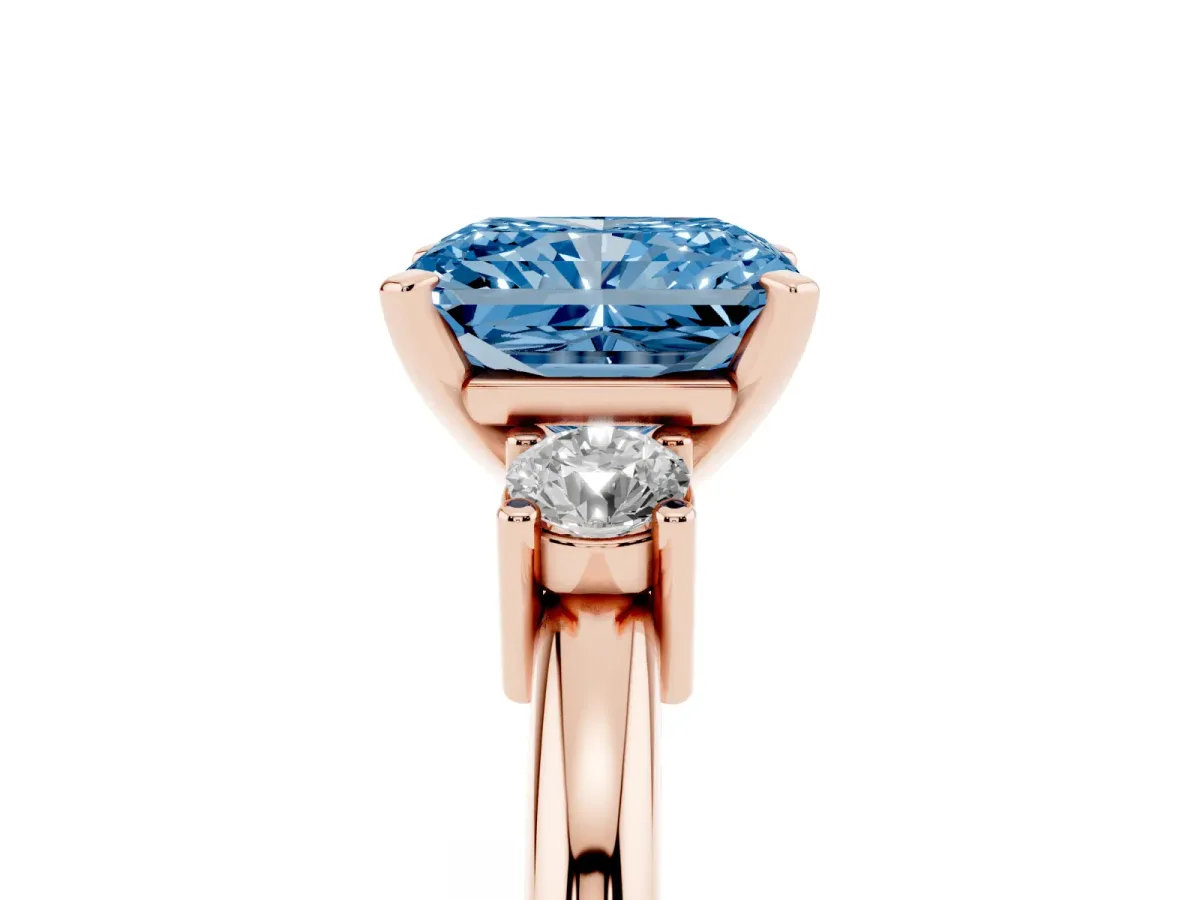 Fancy Blue Three-Stone Radiant Cut Cut Diamond Solitaire with Prong Setting and Classic Band Rose gold