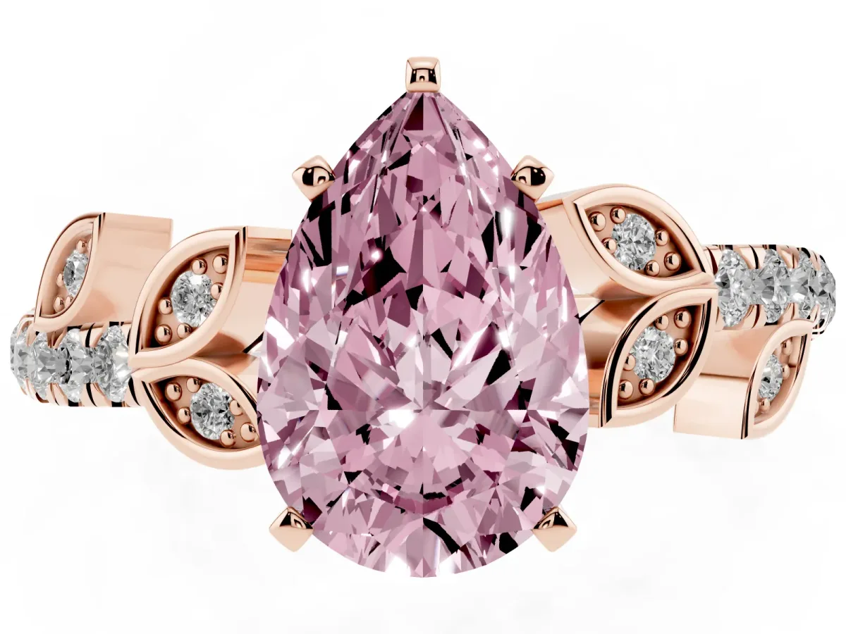 Fancy Pink Pear Cut Solitaire Leaf-Inspired Diamond Ring with Pavé Band and Four-Prong Setting Rose gold