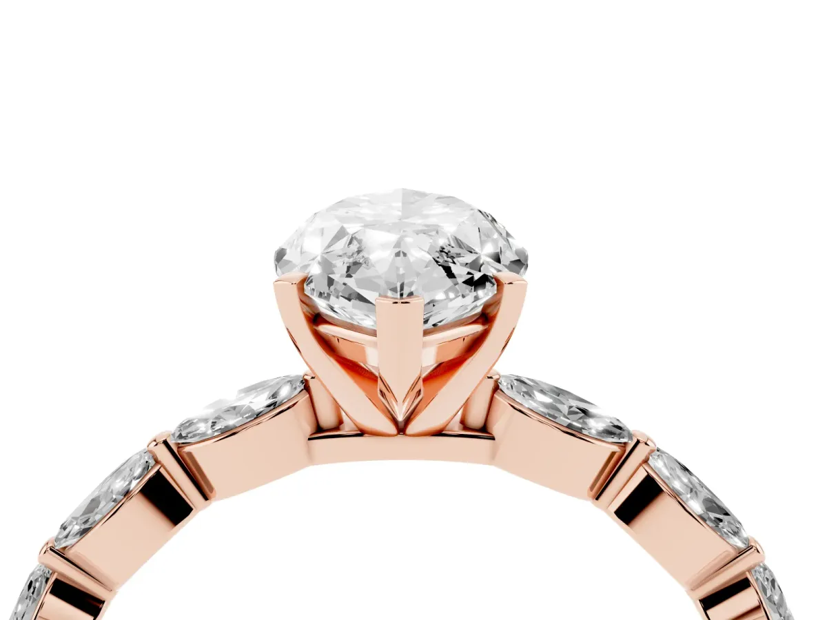 Marquise Cut Diamond Ring with Marquise Side Stones and Prong Setting Rose gold