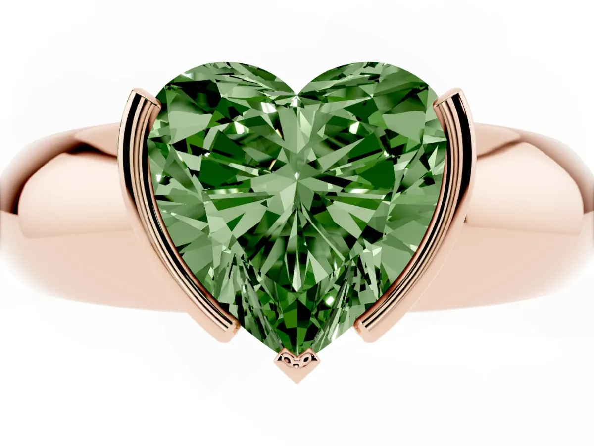 Fancy Green Heart Cut Solitaire Tension Set Diamond Ring with Wide Band Rose gold