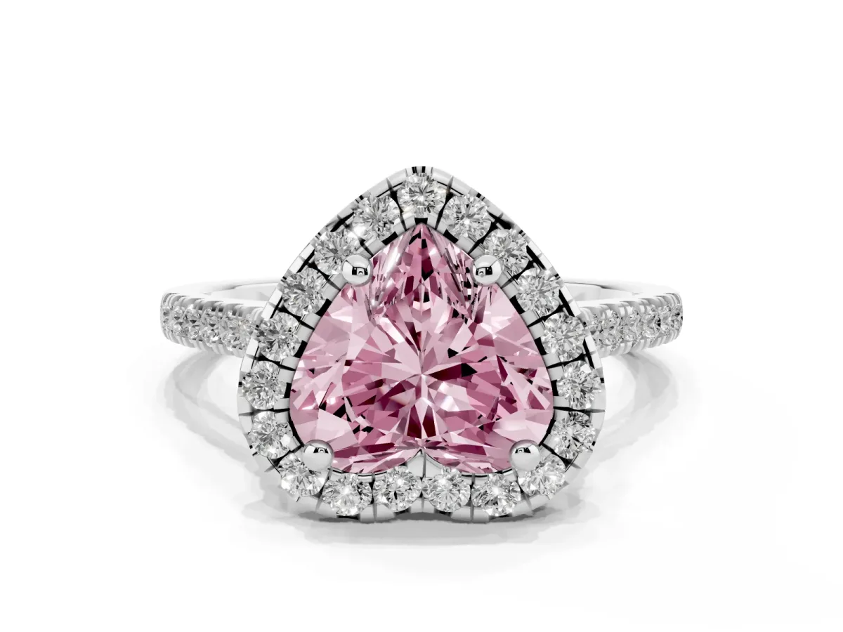 Fancy Pink Heart Cut Diamond Cushion Halo Ring with Pavé Band White gold