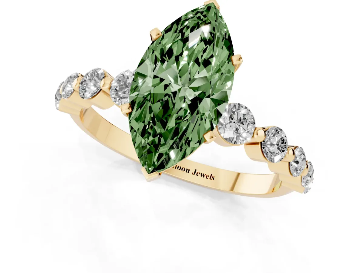 Fancy Green Marquise Cut Solitaire Diamond Ring with Pave Band and Four-Prong Setting Yellow gold