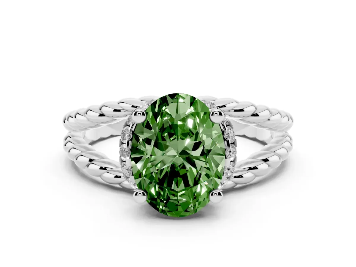 Fancy Green Oval Cut Halo Twisted Band Four-Prong Ring Silver