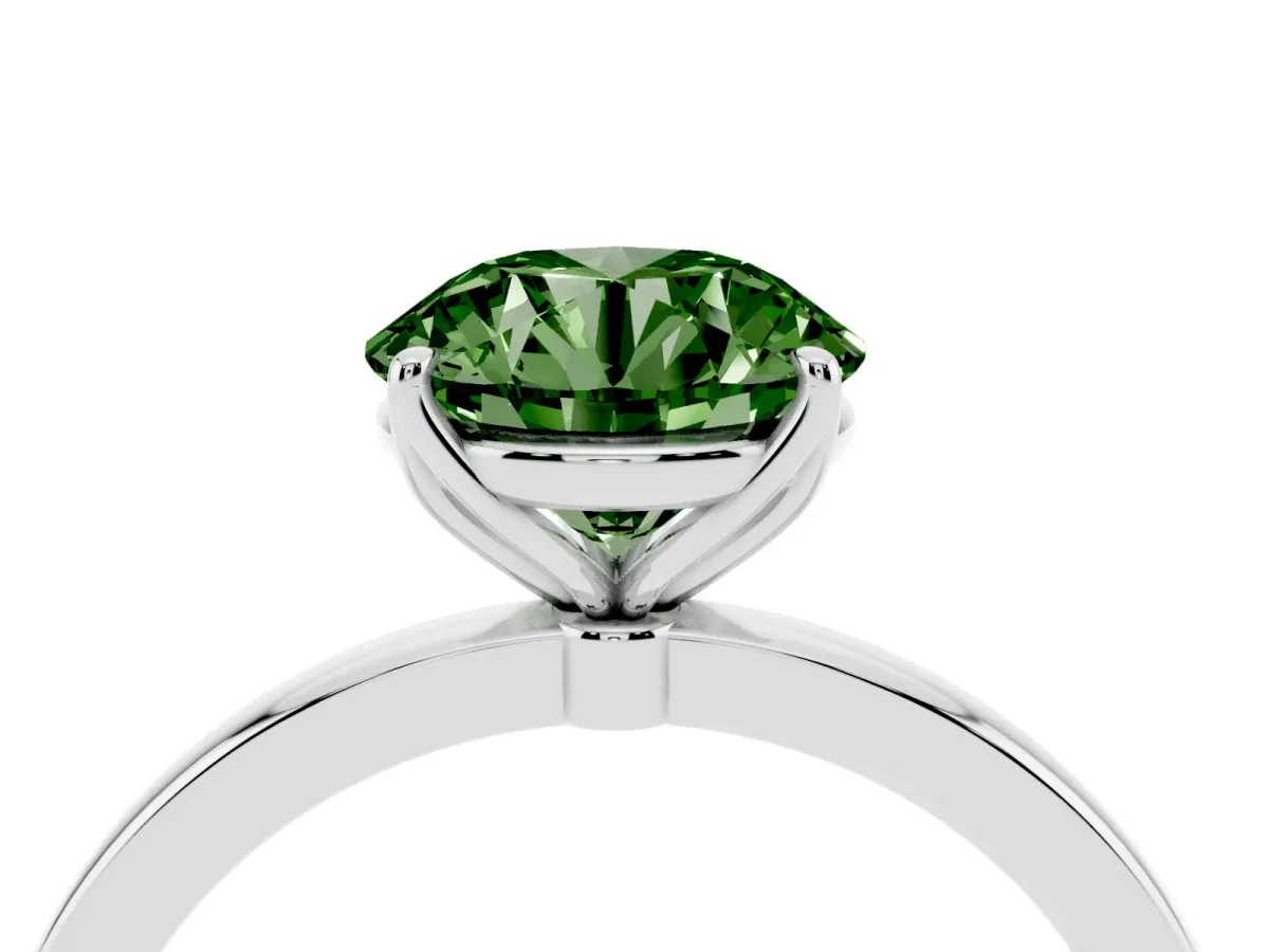 Fancy Green Round Cut Diamond Solitaire Ring with Thin Band and Prong Setting Platinum
