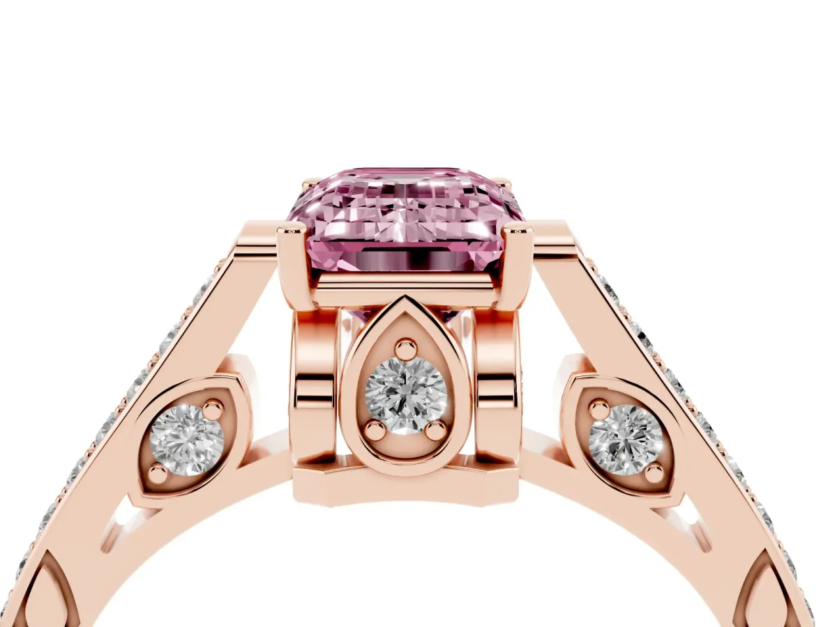 Fancy Pink Emerald Cut Cut Cathedral Pave Diamond Engagement Ring with Six-Prong Setting Rose gold