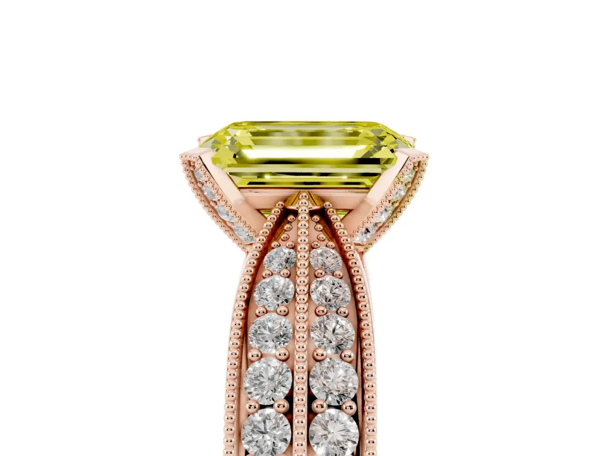 Fancy Yellow Emerald Cut Diamond Solitaire Ring with Milgrain Round Pavé Band and Prong Setting Rose gold