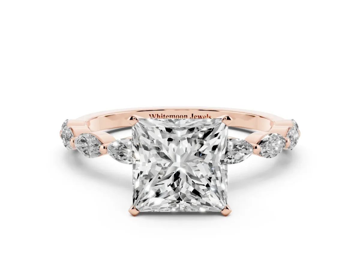 Princess Cut Diamond Ring with Marquise Side Stones and Prong Setting Rose gold