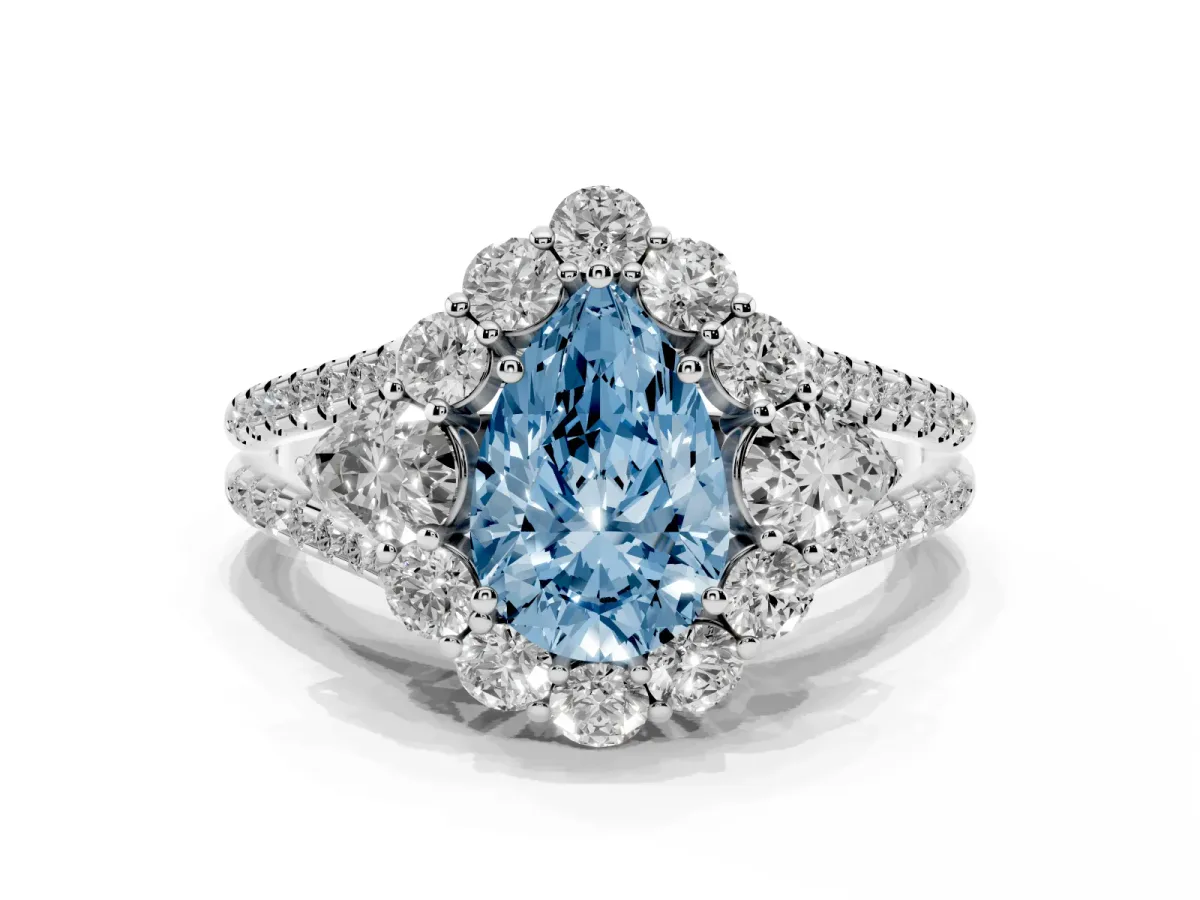 Fancy Blue Pear Cut Halo Split Shank Diamond Engagement Ring with Prong Setting Platinum