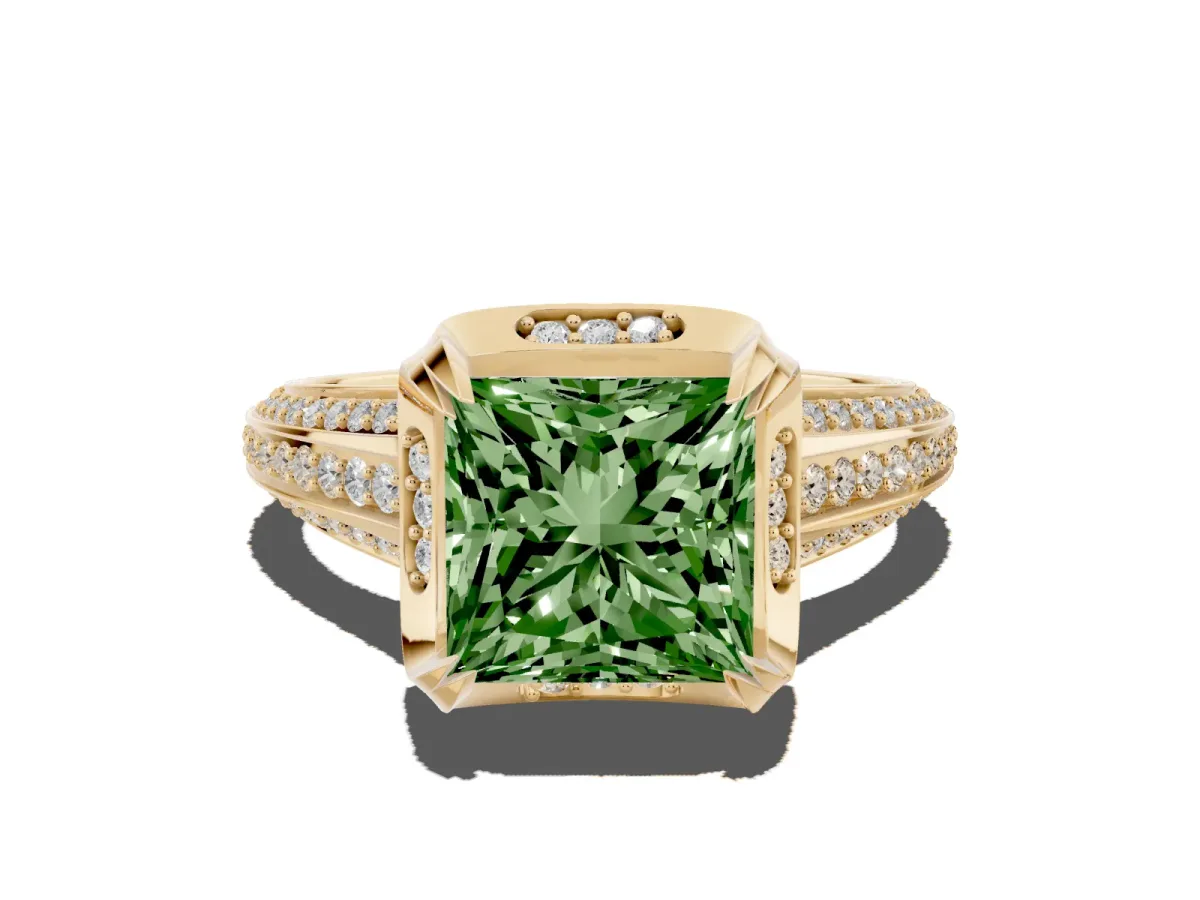 Fancy Green Princess Cut Solitaire Pave Split Shank Ring with Four-Prong Setting Yellow gold
