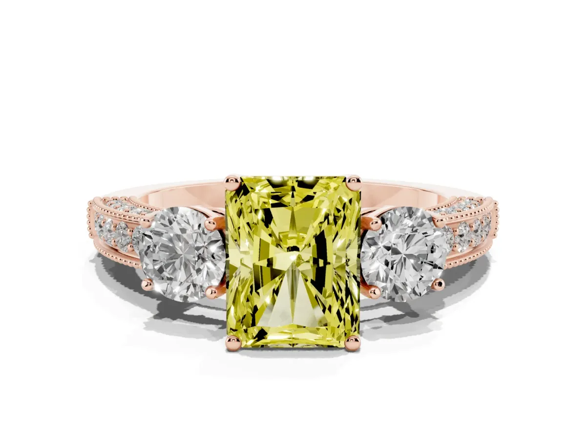 Fancy Yellow Radiant Cut Three-Stone Diamond Ring with Pavé Band and Four-Prong Setting Rose gold
