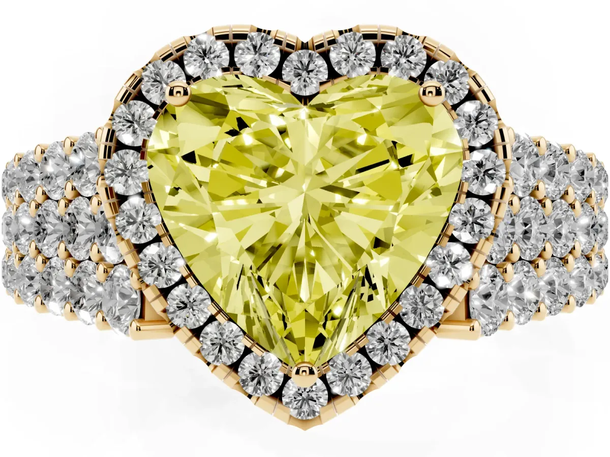 Fancy Yellow Heart Cut Diamond Halo Engagement Ring with Triple Row Round Pavé Band and Prong Setting Yellow gold