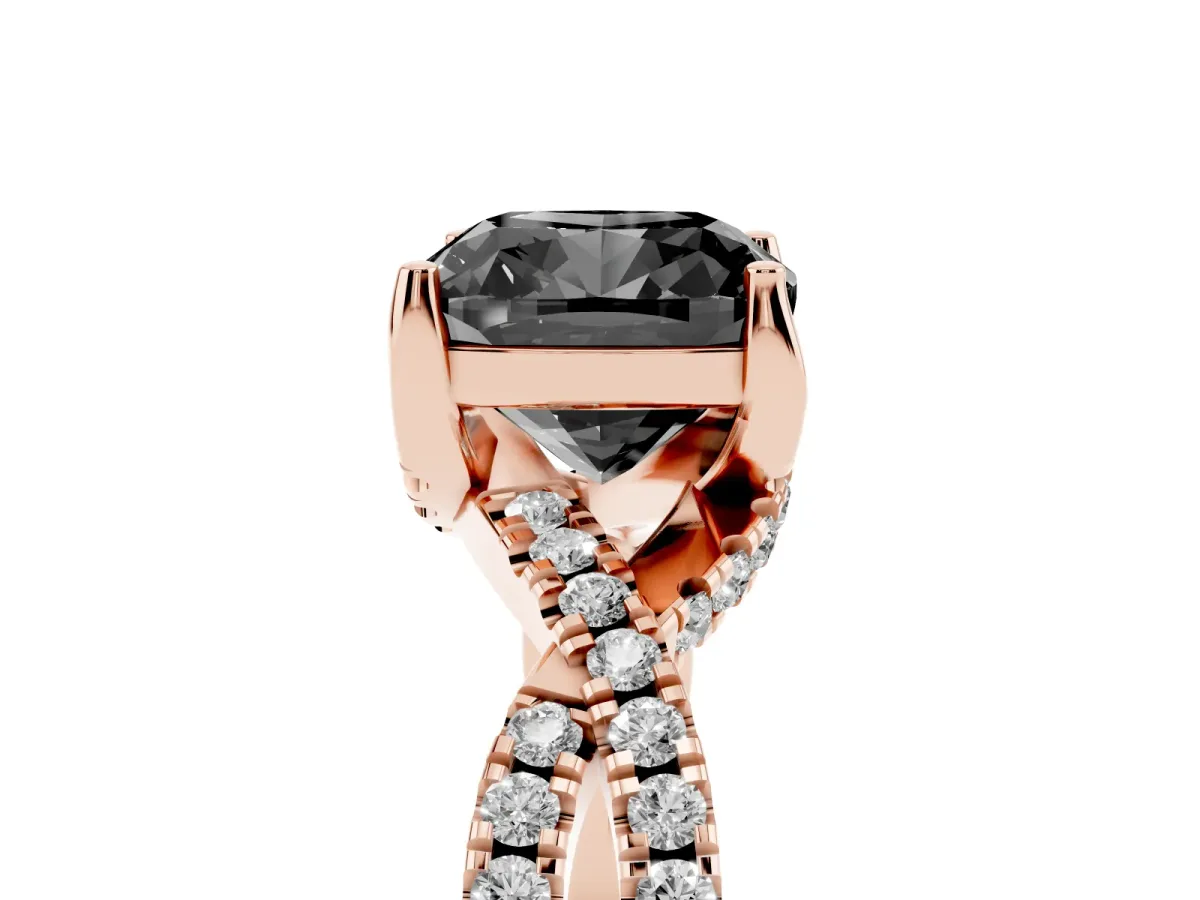 Fancy Black Cushion Cut Solitaire Twist Pave Diamond Engagement Ring with Prong Setting Rose gold