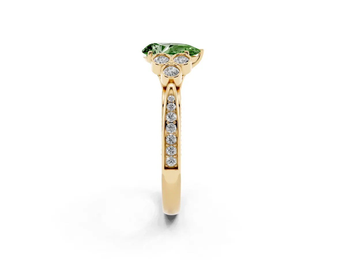 Fancy Green Pear Cut Cut Diamond Engagement Ring with Bezel Set Round Side Stones and Prong Setting Yellow gold