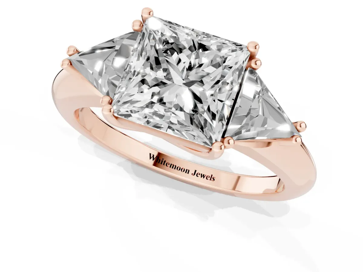 Three-Stone Princess Cut Diamond Engagement Ring with Trillion Side Stones and Prong Setting Rose gold