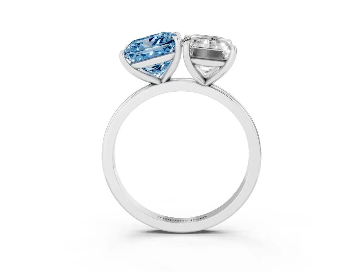Fancy Blue Princess Cut and Emerald Cut Toi Moi Ring with Prong Setting Platinum