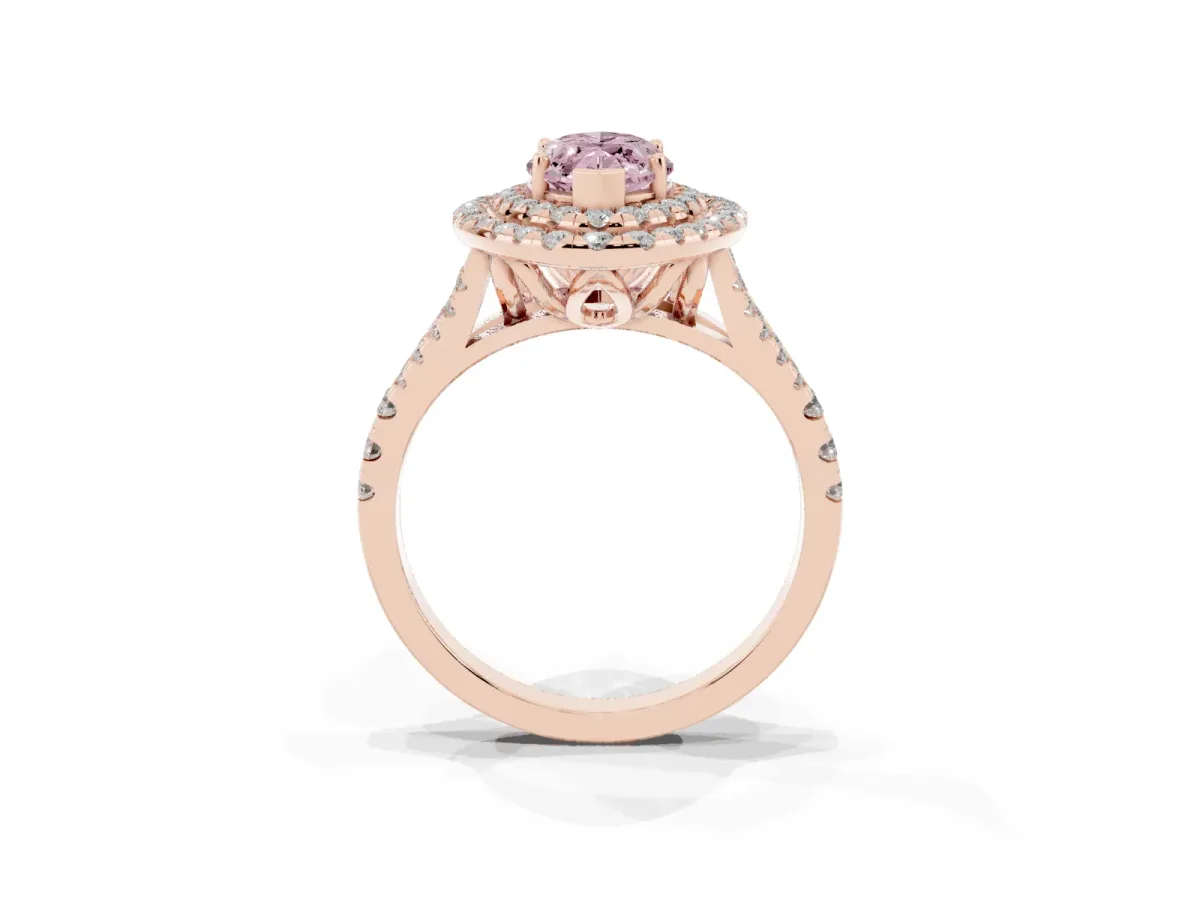 Fancy Pink Double Halo Marquise Cut Diamond Pavé Split Shank Ring with Prong Setting Rose gold