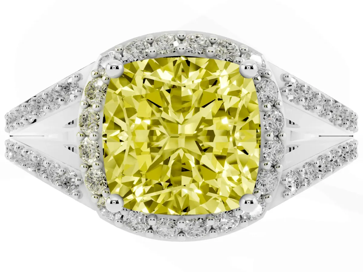Fancy Yellow Cushion Cut Halo Split Shank Diamond Ring with Prong Setting Silver