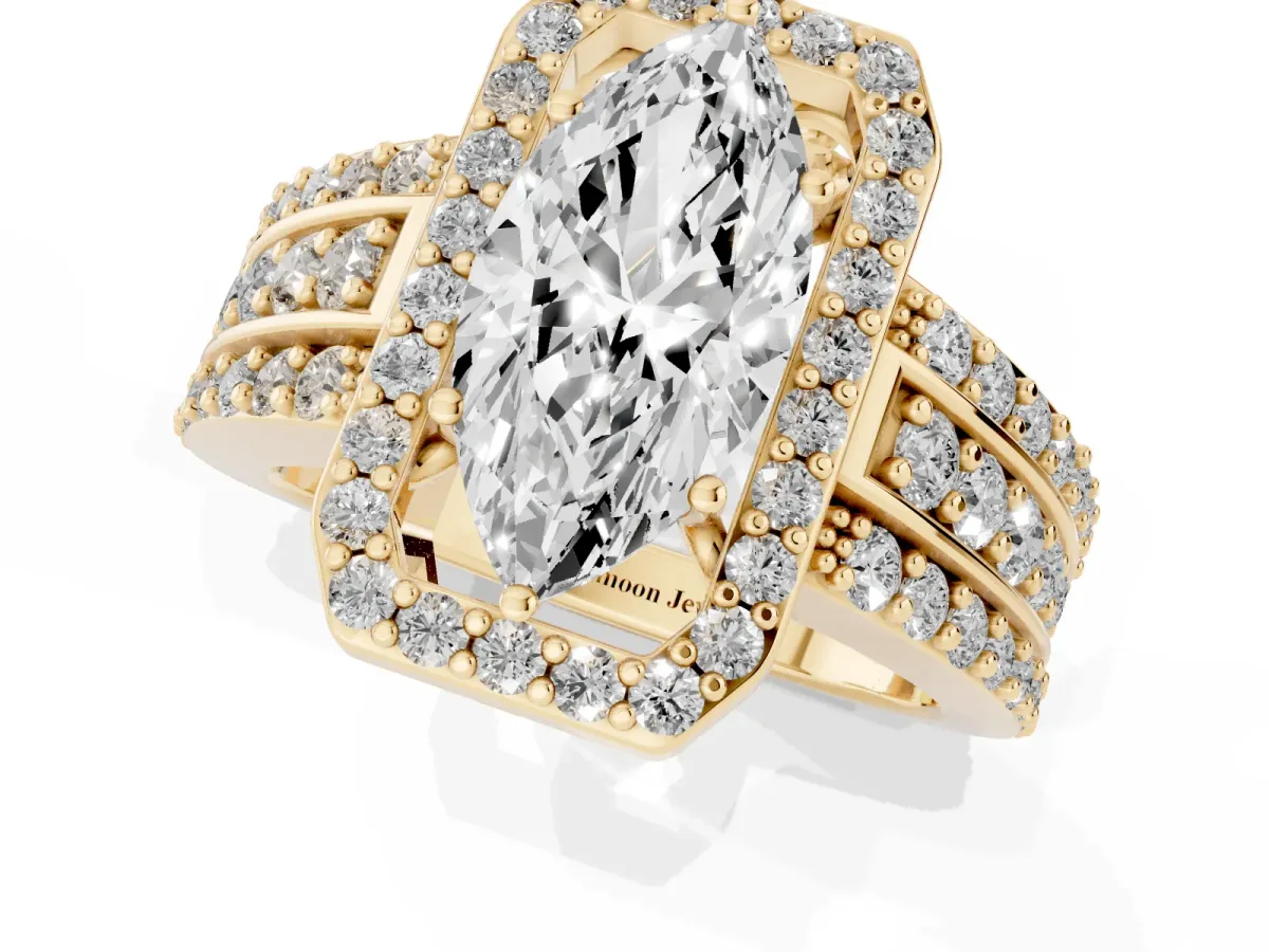 Marquise Cut Halo Diamond Ring with Round Split Shank and Prong Setting Yellow gold