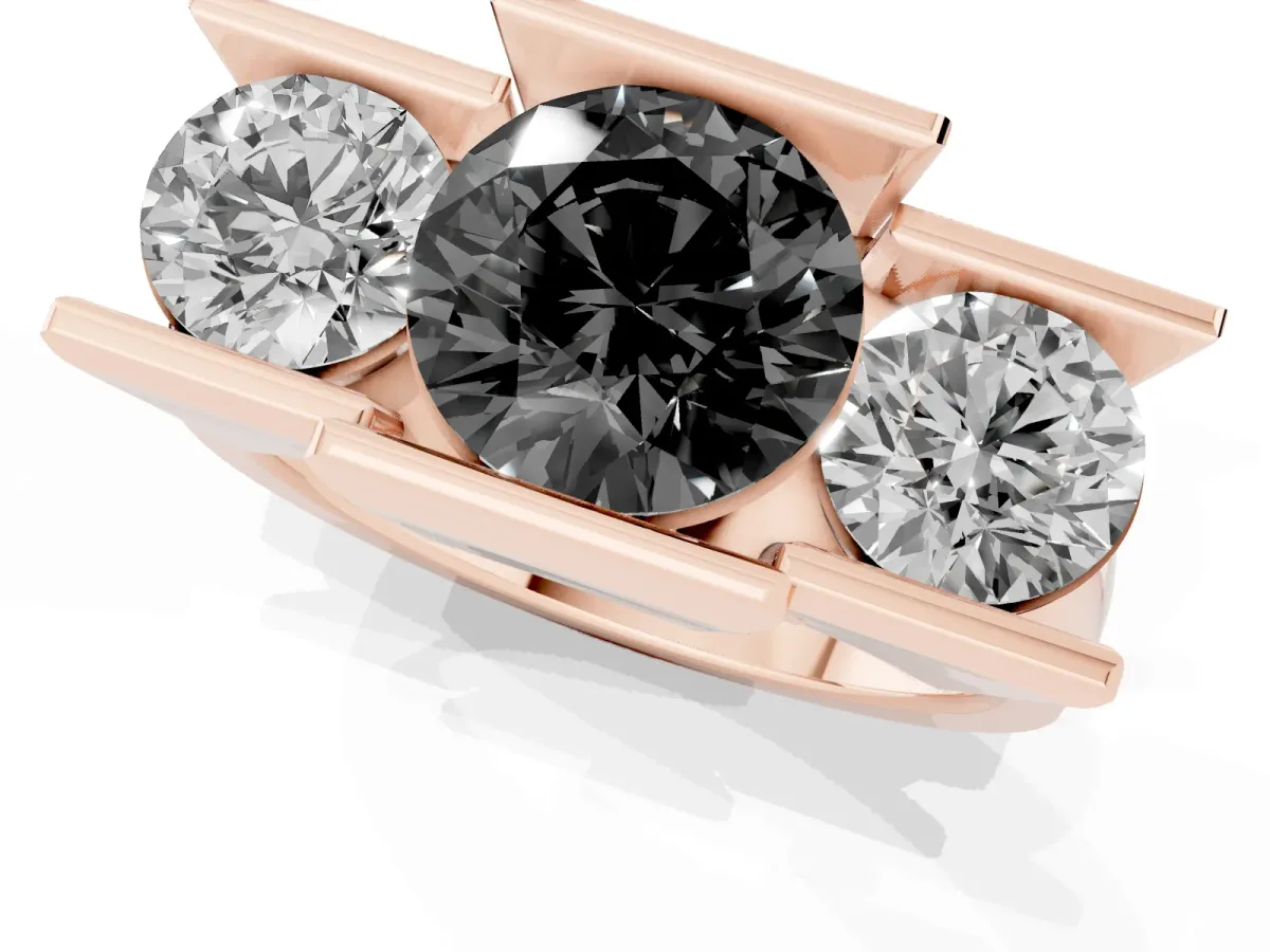 Fancy Black Three Stone Round Cut Cut Channel Set Diamond Ring Rose gold