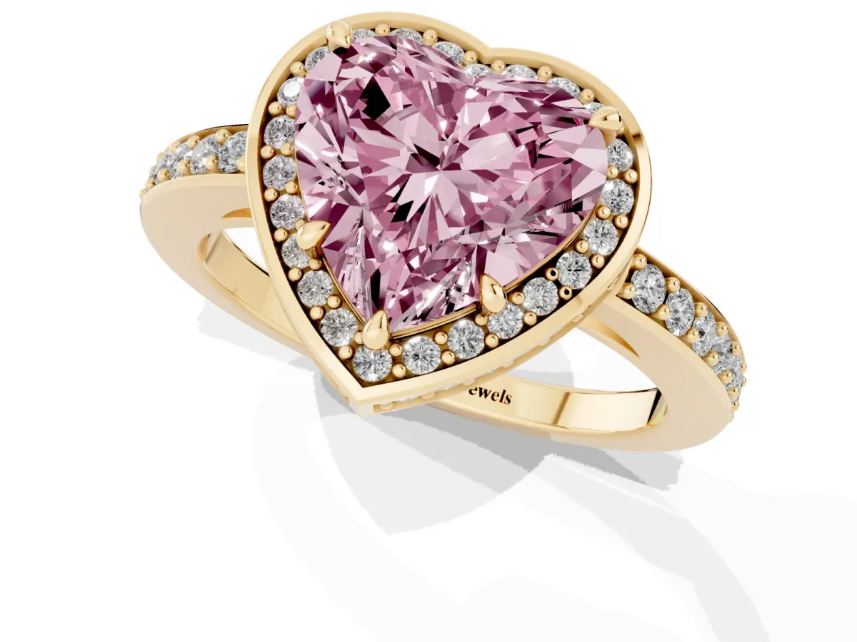 Fancy Pink Heart Cut Halo Pave Band Solitaire Ring with Prong Setting Yellow gold