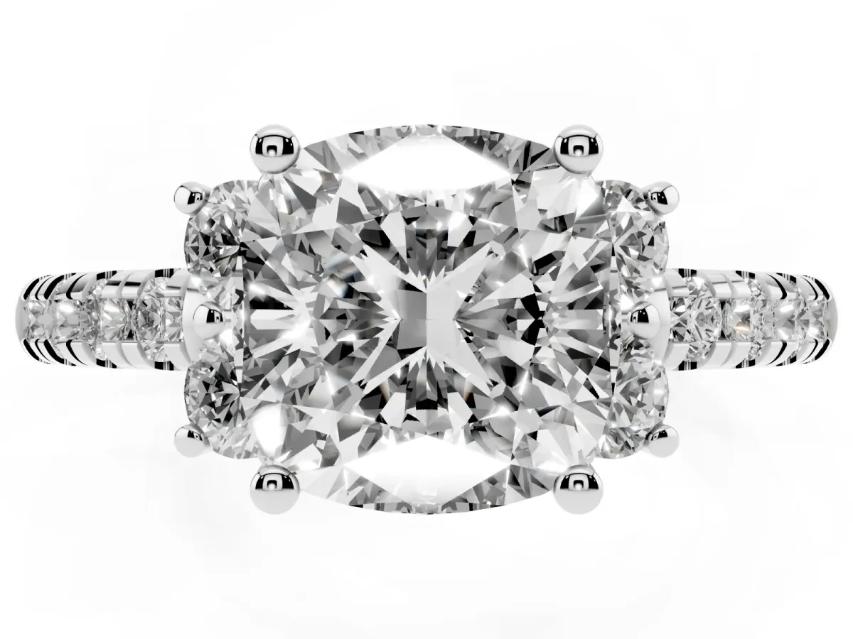 Cushion Cut Diamond Three-Stone Pave Band with Four-Prong Setting Silver