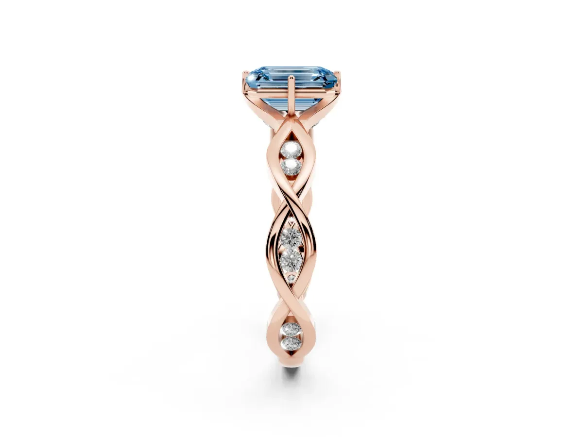 Fancy Blue Emerald Cut Solitaire Twist Band with Leaf Prong Setting Rose gold