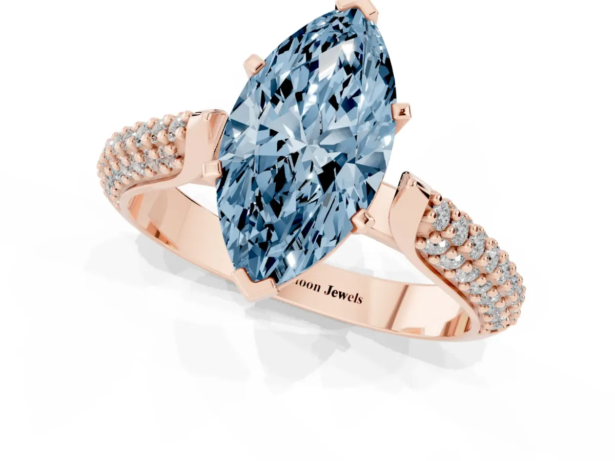 Fancy Blue Marquise Cut Diamond Solitaire Engagement Ring with Multi-Row Round Pavé Band and Prong Setting Rose gold