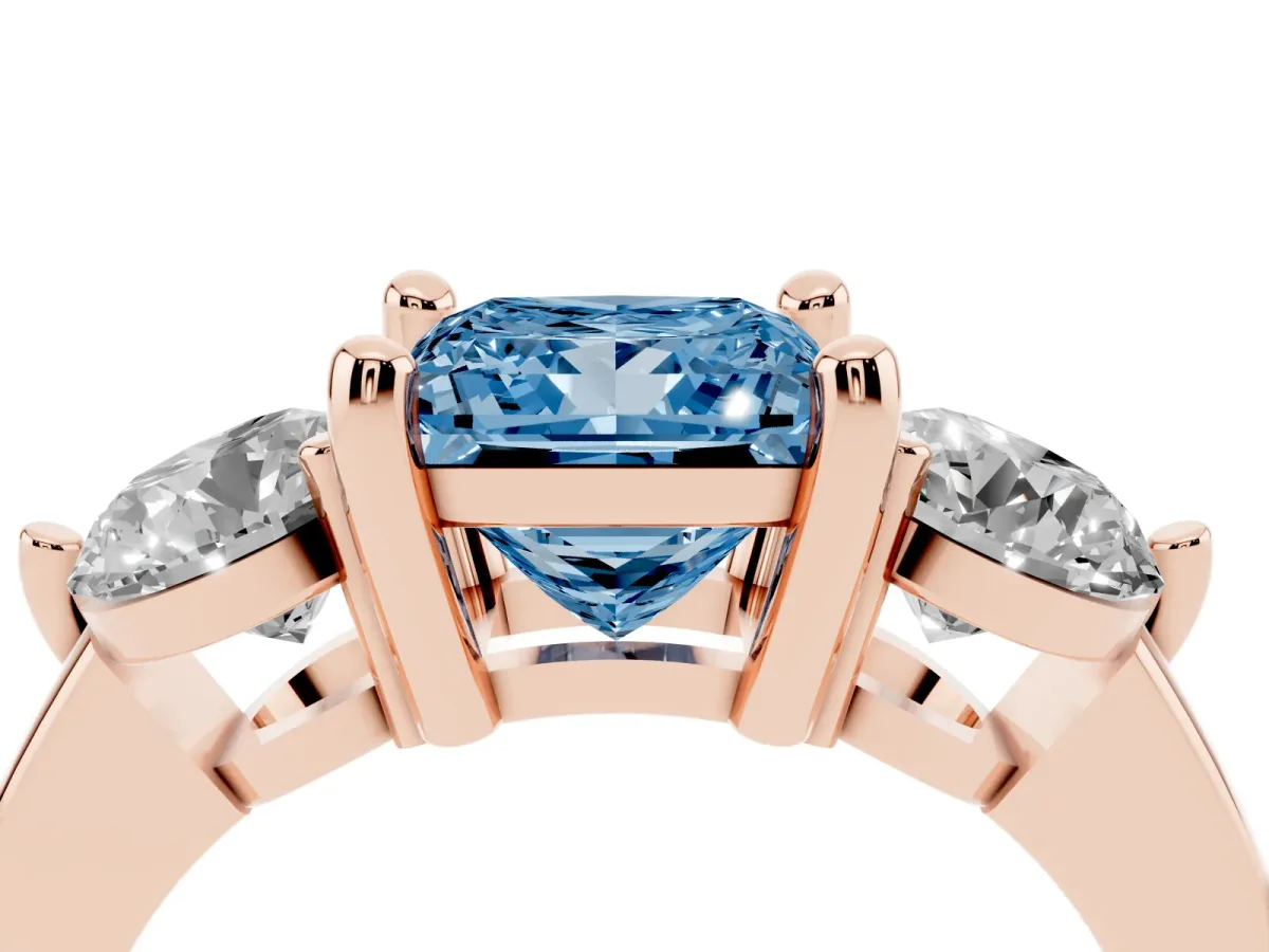 Fancy Blue Three-Stone Princess Cut Brilliant Cut Solitaire Ring with Prong Setting on a Classic Band Rose gold