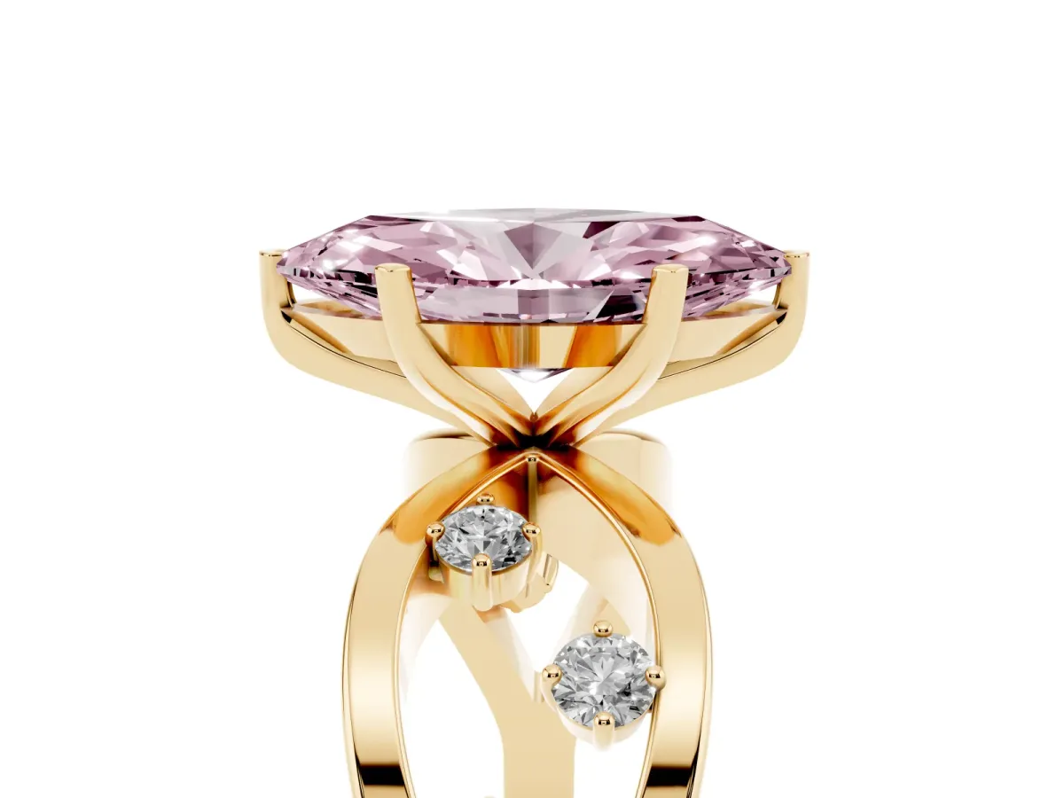 Fancy Pink Marquise Cut Cut Solitaire Diamond with Side Stones on Criss-Cross Band and Four-Prong Setting Yellow gold
