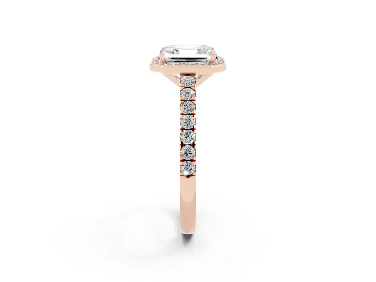 Asscher Cut Cut Halo Diamond Engagement Ring with Pave Band and Four-Prong Setting Rose gold