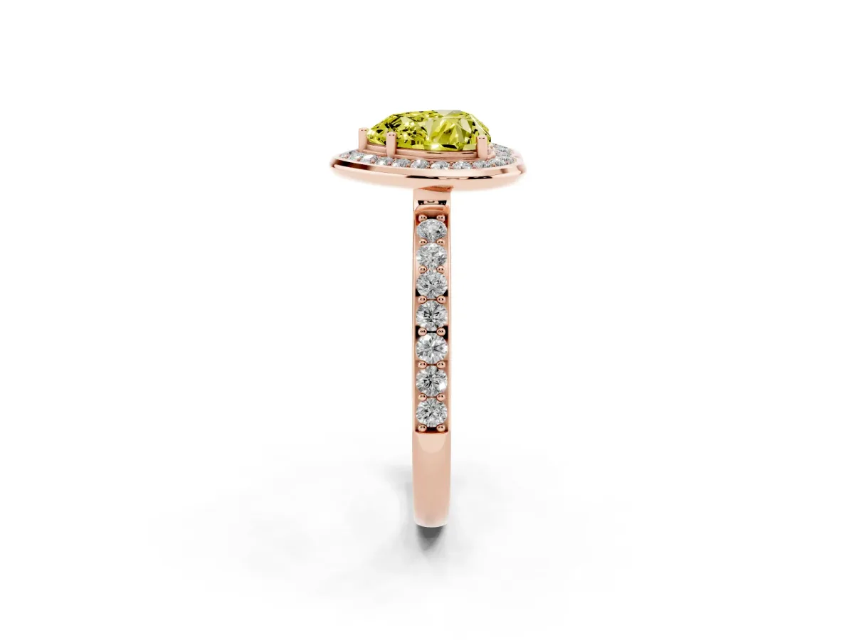 Fancy Yellow Heart Cut Diamond Halo Ring with Bezel Frame and Pavé Band Rose gold