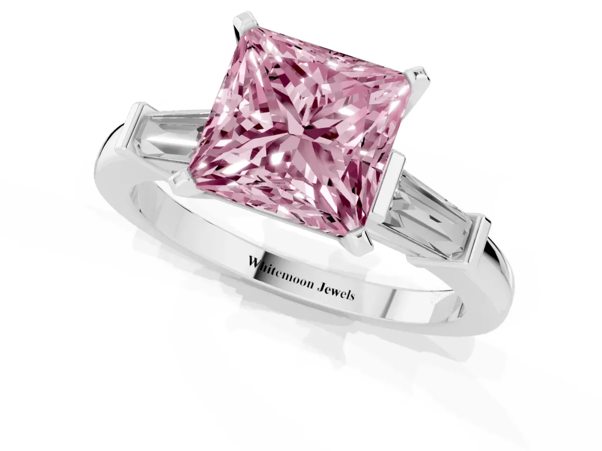 Fancy Pink Princess Cut Cut Diamond Solitaire Ring with Tapered Baguette Accents and Four-Prong Setting Silver
