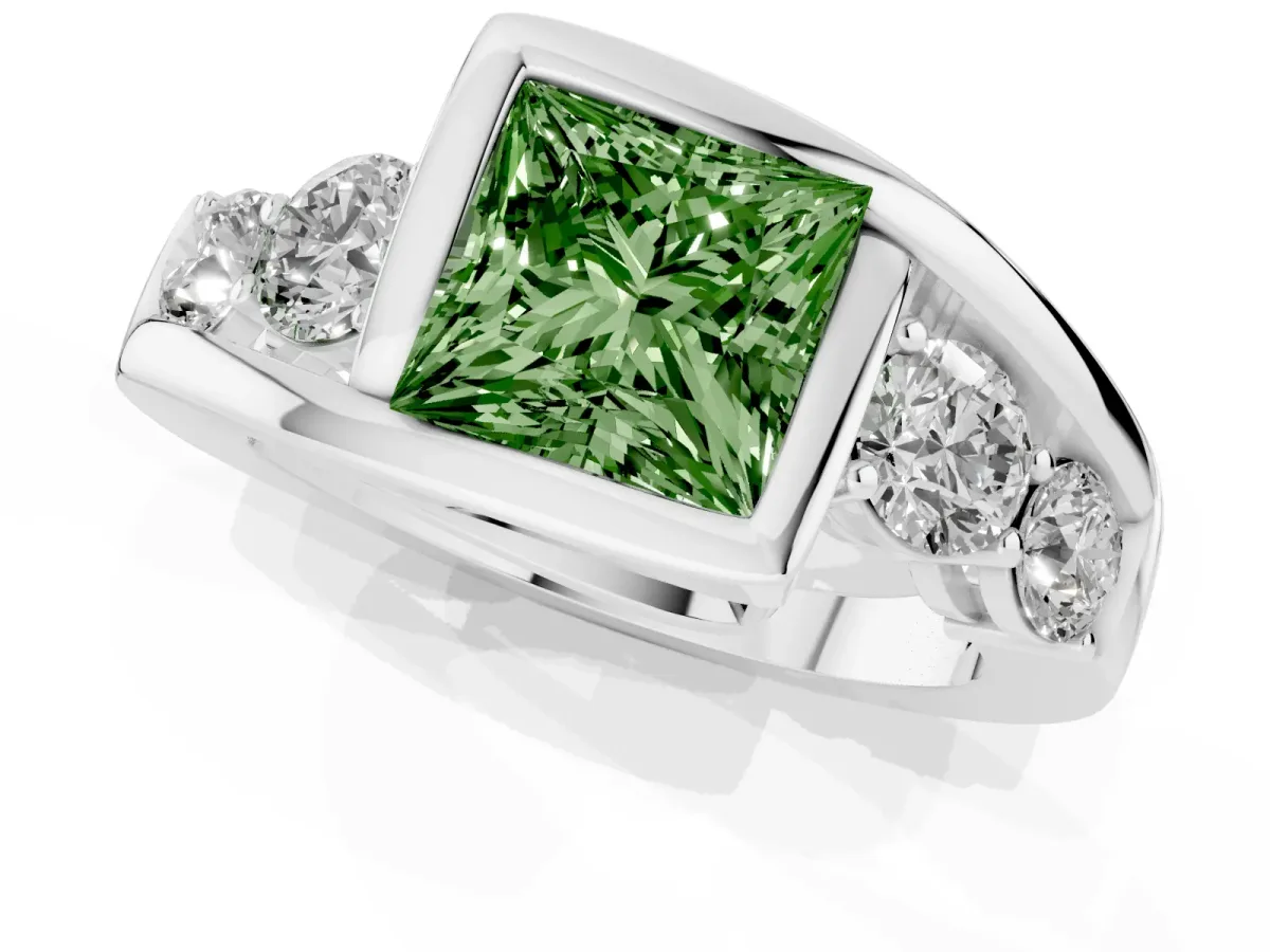Fancy Green Bezel Set Princess Cut Diamond Bypass Ring with Round Accents Silver