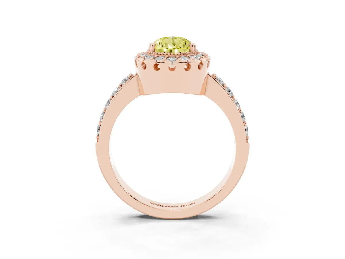 Fancy Yellow Pear Cut Diamond Halo Ring with Pavé Band and Prong Setting Rose gold