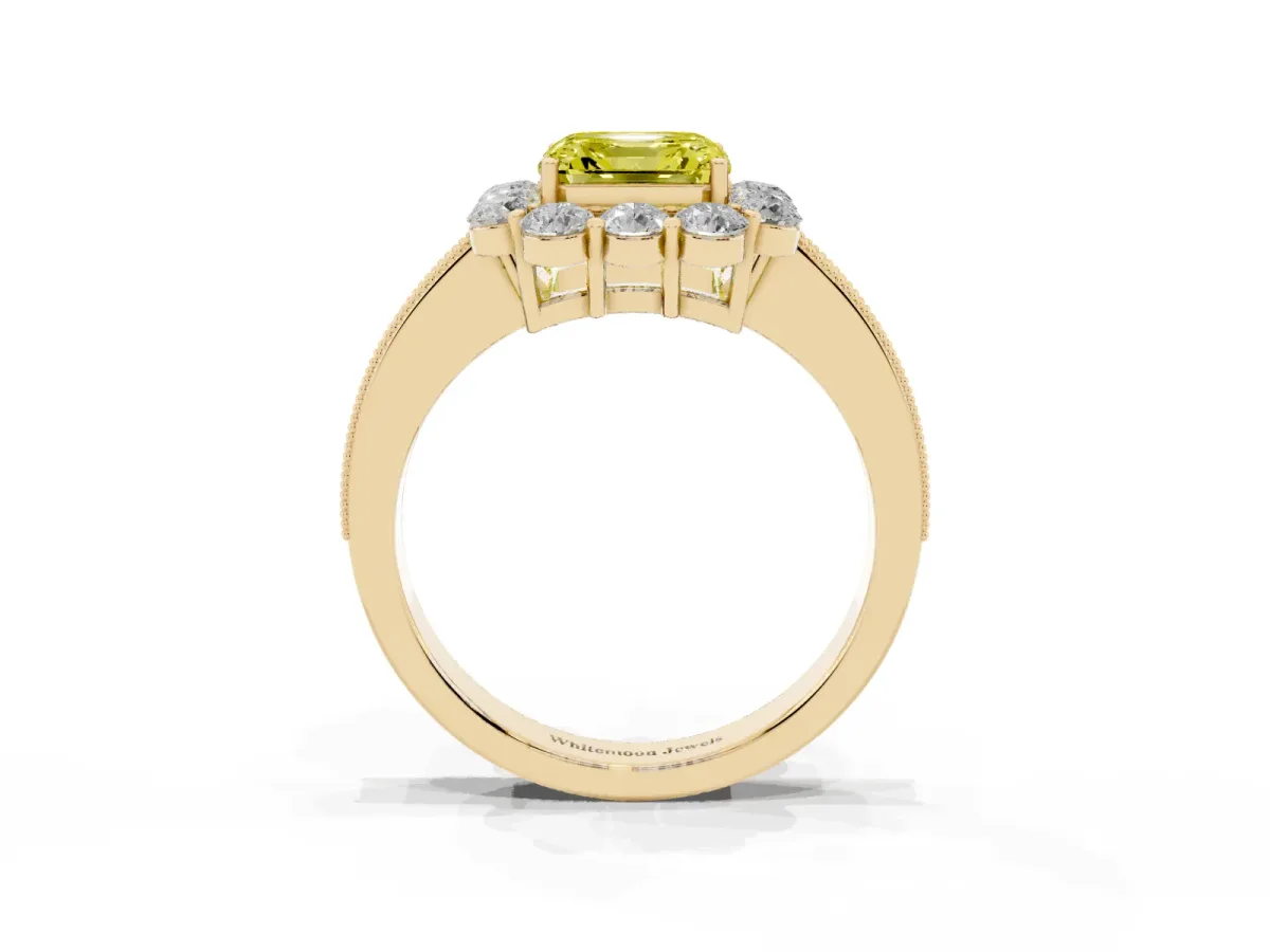 Fancy Yellow Asscher Cut Cut Halo Diamond Pavé Engagement Ring with Milgrain Detailing Yellow gold