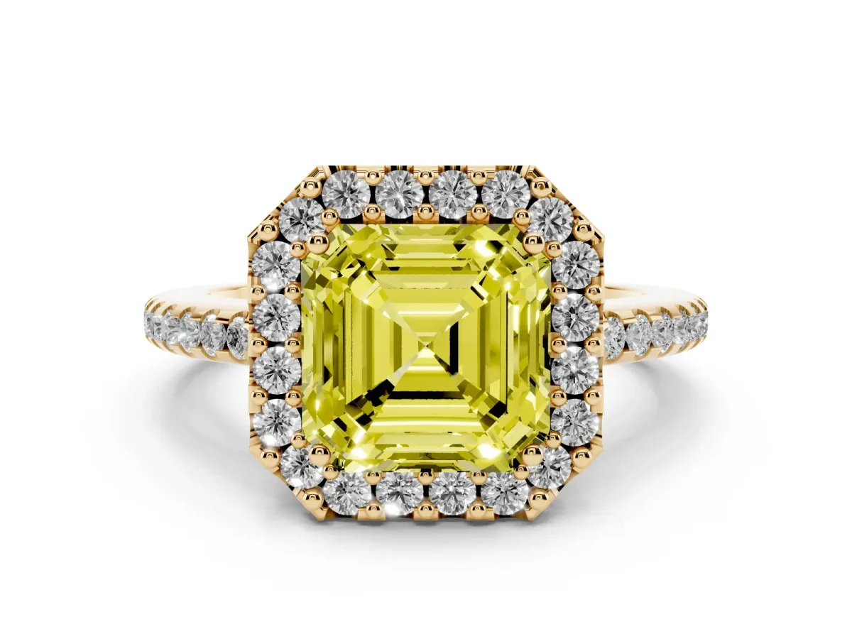 Fancy Yellow Asscher Cut Diamond Pavé Halo Ring with Four-Prong Setting Yellow gold