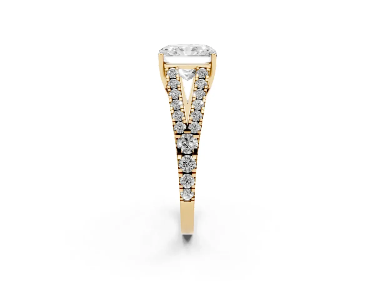 Radiant Cut Diamond Split Shank Pavé Engagement Ring with Four-Prong Setting Yellow gold