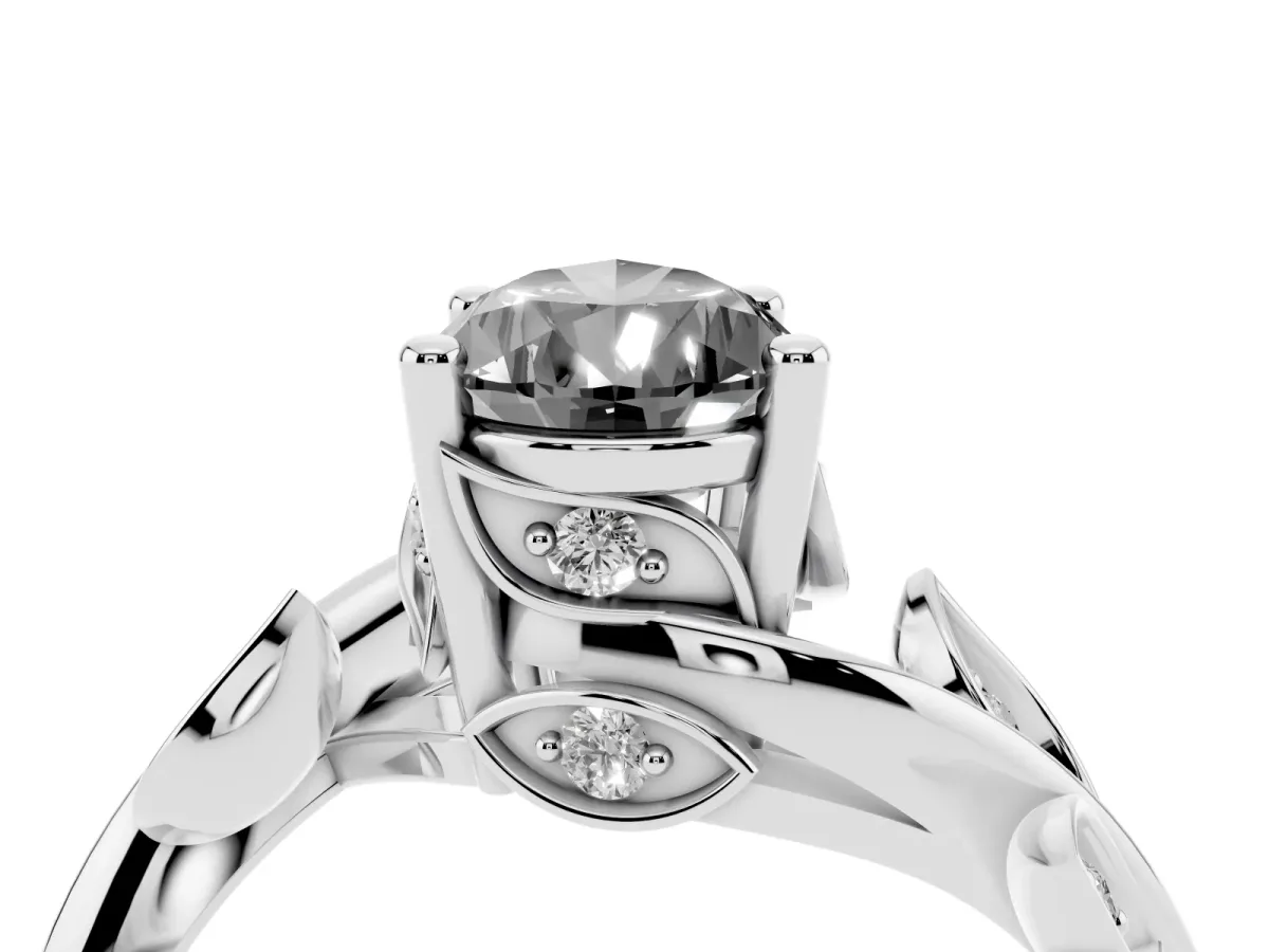Fancy Black Pear Cut Solitaire Twist Engagement Ring with Leaf Accents and Prong Setting Silver