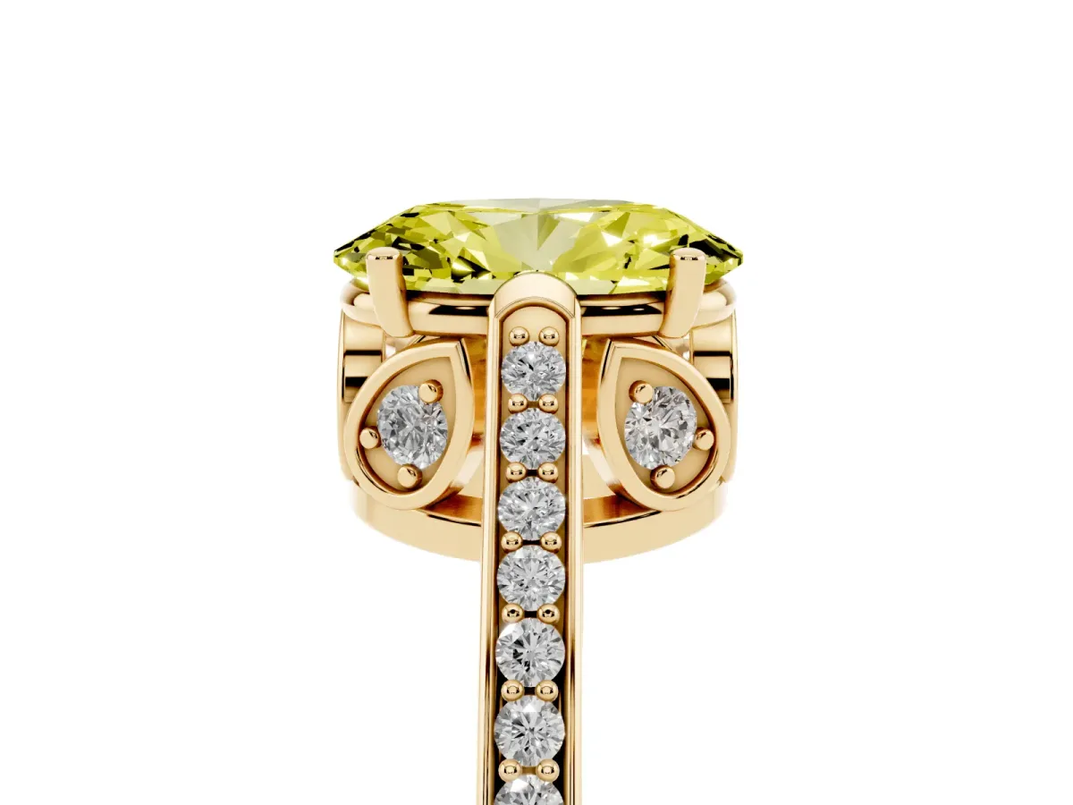 Fancy Yellow Oval Cut Cut Cathedral Pave Diamond Engagement Ring with Six-Prong Setting Yellow gold