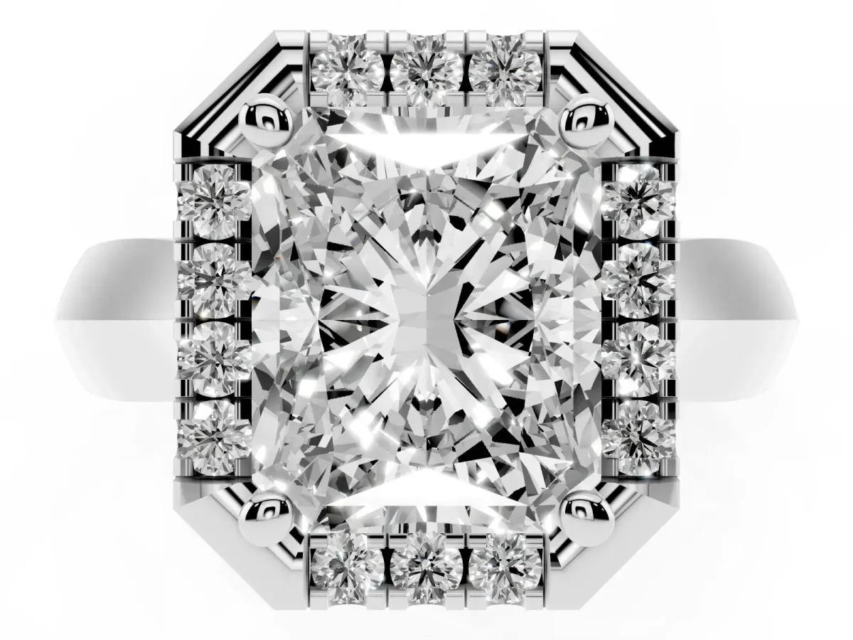 Radiant Cut Cut Halo Solitaire Engagement Ring with Square Band and Four-Prong Setting Platinum