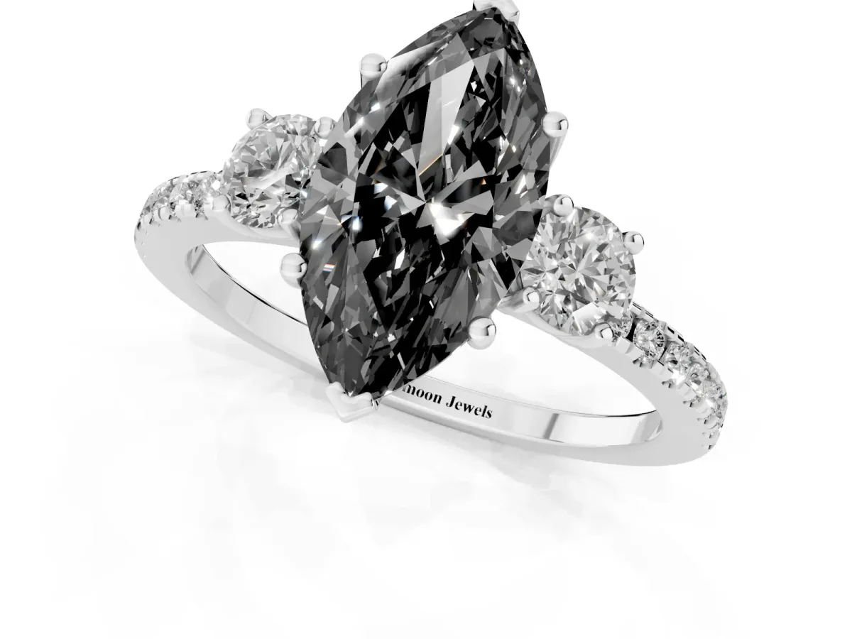 Fancy Black Three-Stone Marquise Cut Cut Diamond Pavé Band with Prong Setting Silver