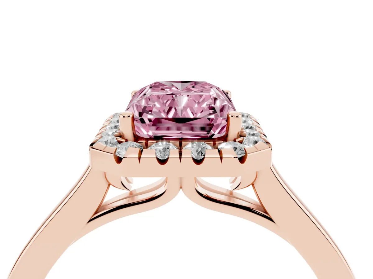 Fancy Pink Radiant Cut Halo Round Diamond Solitaire Ring with Pavé Band and Four-Prong Setting Rose gold