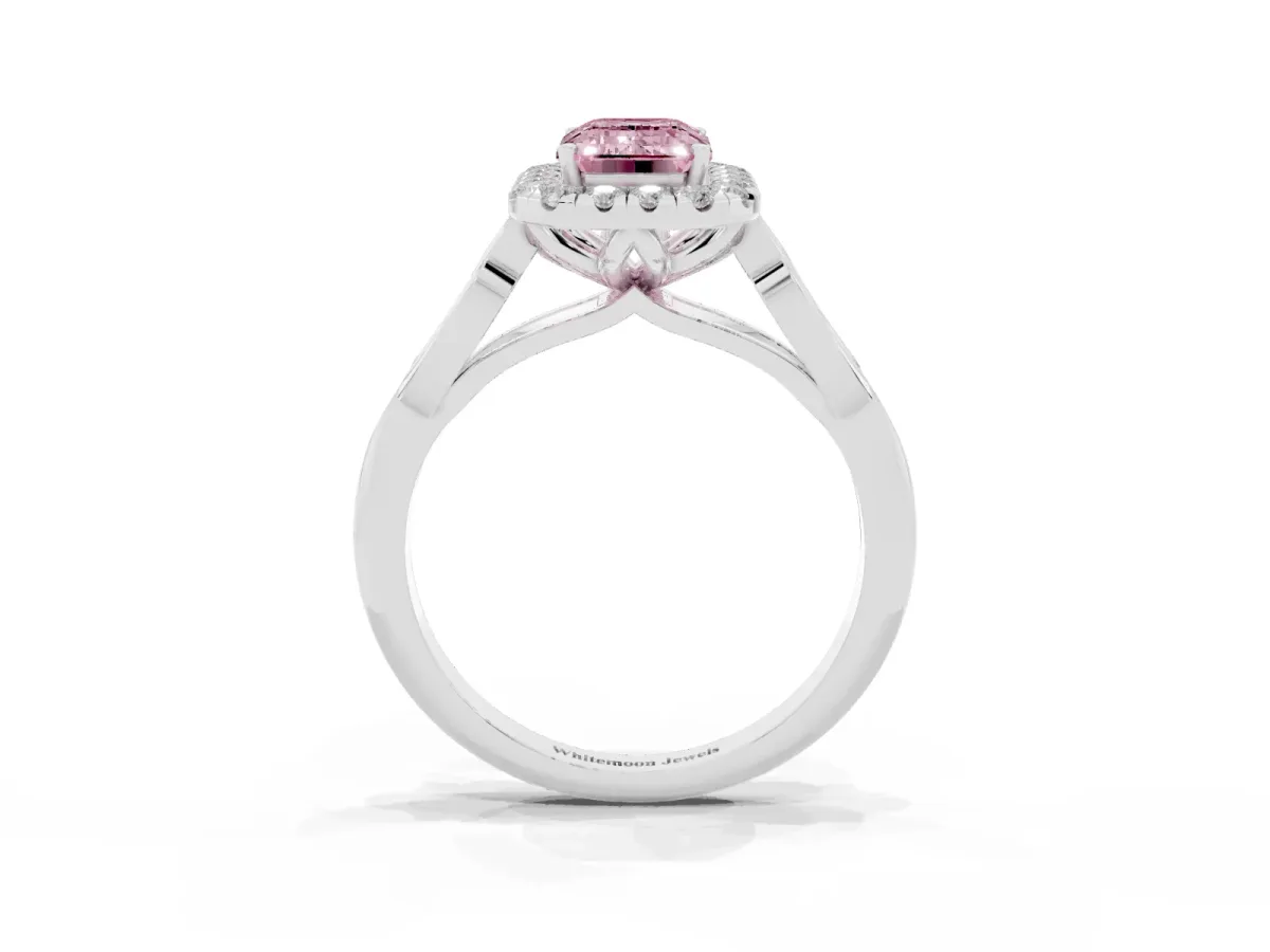 Fancy Pink Emerald Cut Halo Diamond Engagement Ring with Filigree Band and Four-Prong Setting Platinum