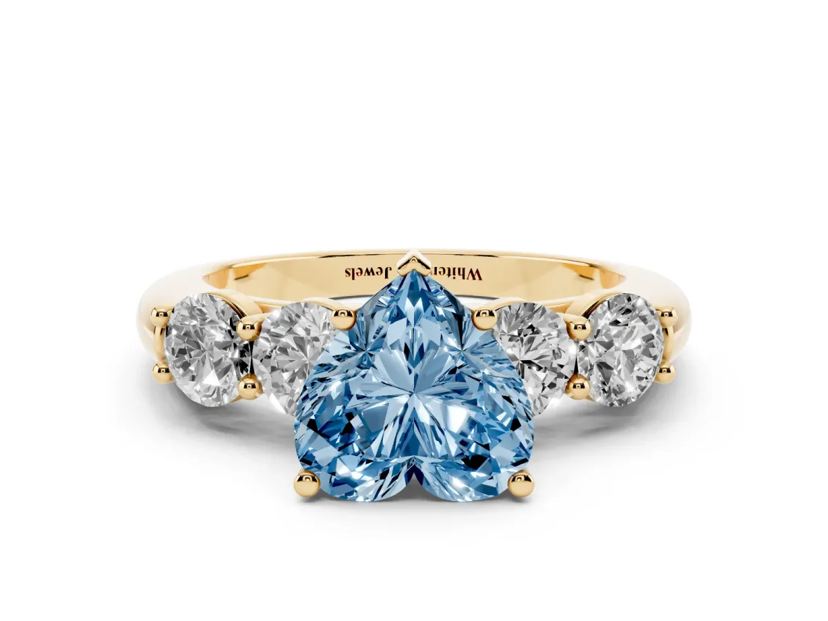 Fancy Blue Heart Cut Cut Five-Stone Prong Set Diamond Ring with Classic Band Yellow gold