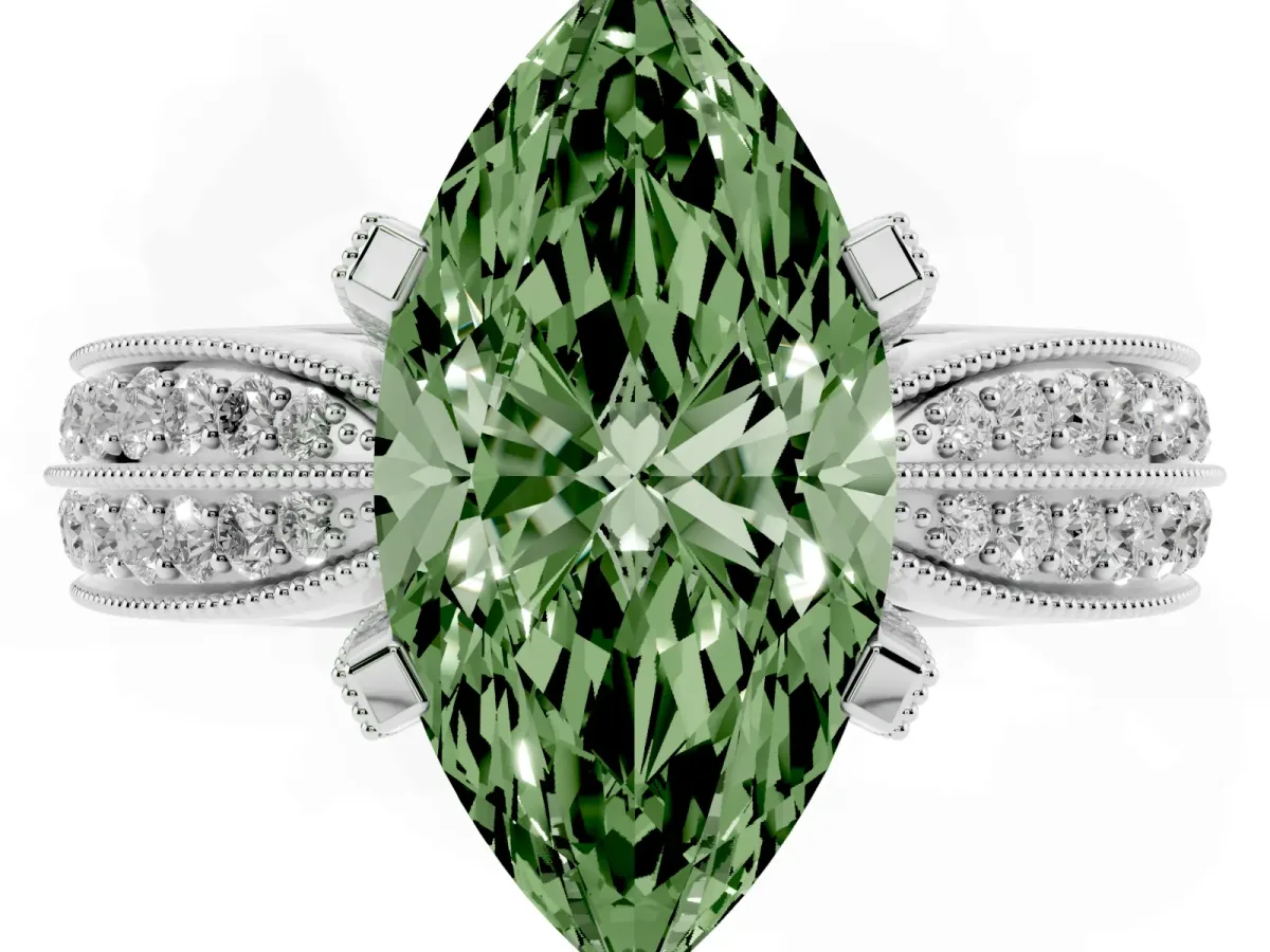 Fancy Green Marquise Cut Diamond Solitaire Ring with Milgrain Round Pavé Band and Prong Setting Platinum