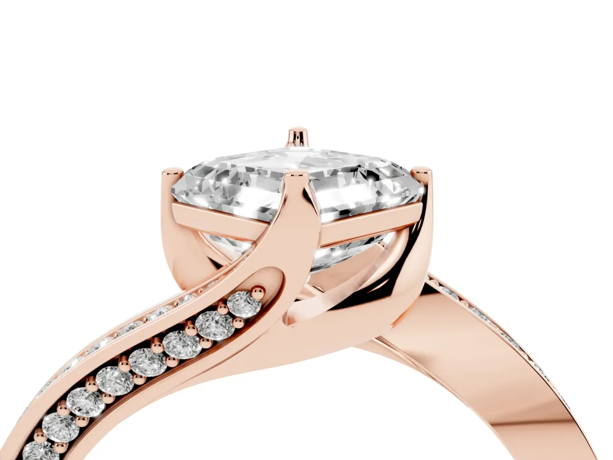 Asscher Cut Solitaire Diamond Twist Band with Pavé Setting and Four-Prong Setting Rose gold