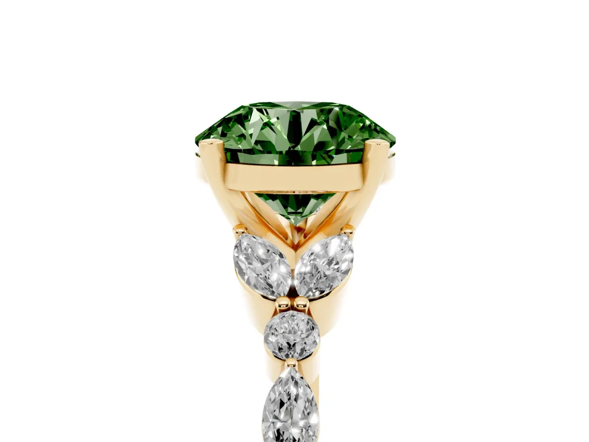 Fancy Green Round Cut Diamond Solitaire Ring with Side Stones and Four-Prong Setting Yellow gold