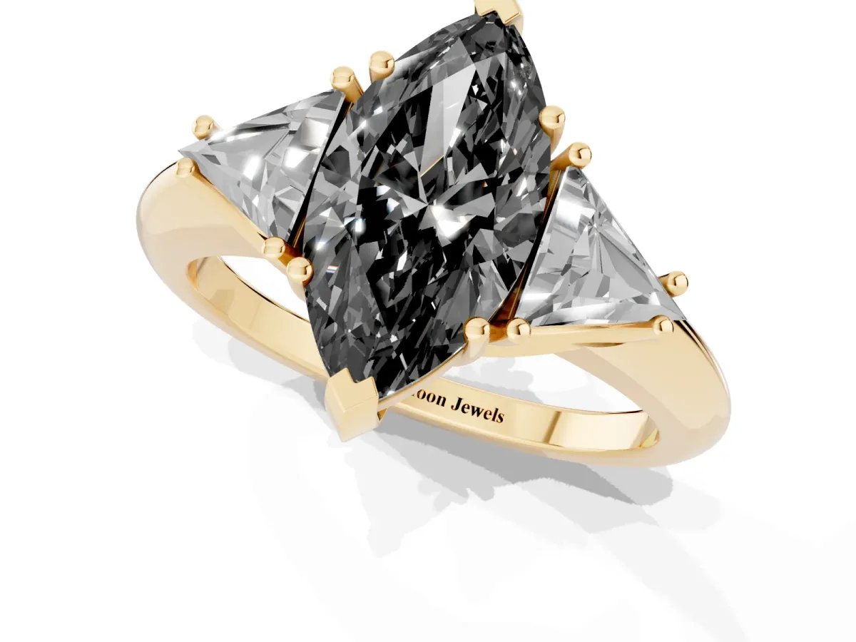 Fancy Black Three-Stone Marquise Cut Diamond Engagement Ring with Trillion Side Stones and Prong Setting Yellow gold