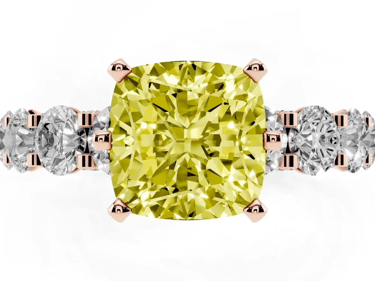 Fancy Yellow Cushion Cut Diamond Side Stone Engagement Ring with Four-Prong Setting Rose gold