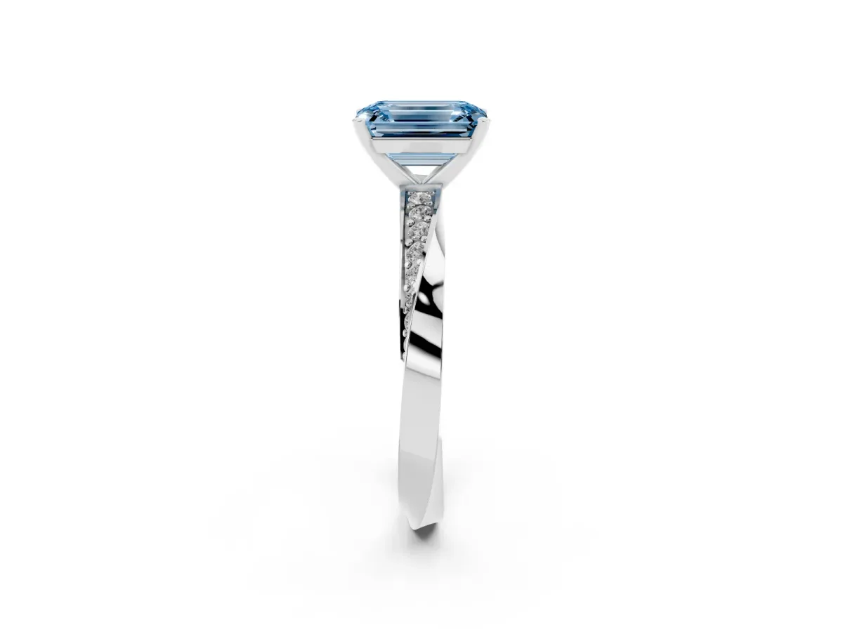 Fancy Blue Emerald Cut Diamond Engagement Ring with Side Stone Accents and Four-Prong Setting Silver